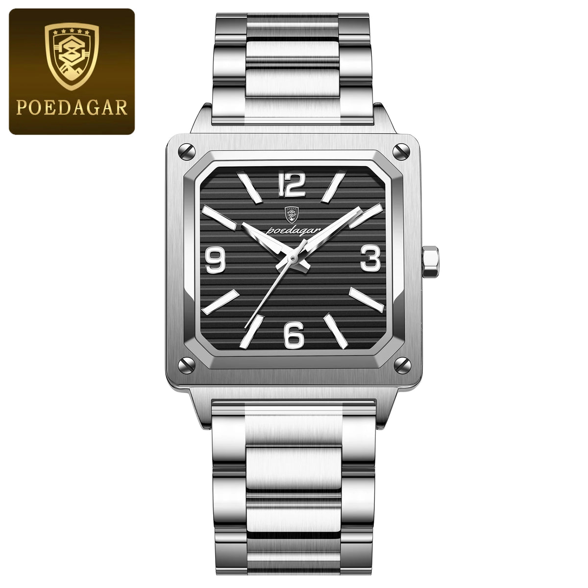 POEDAGAR Fashion Luxury Man Wristwatch Waterproof Luminous Stainless Steel Men's Quartz Watch Square Sport Watches for Men Reloj