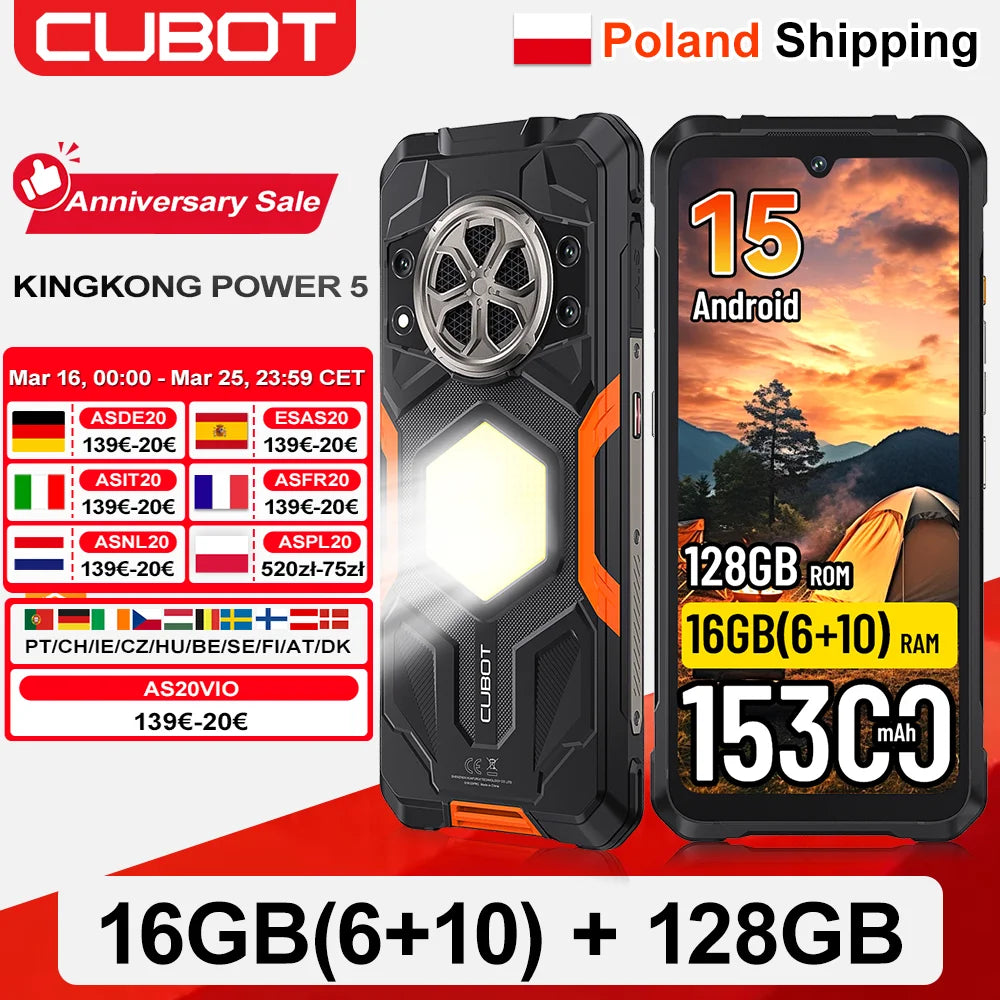 [Envío desde Polonia] CUBOT KingKong Power 5 Smartphone resistente Android 15 15300mAh 6.88" 16GB RAM (6+10) 128GB ROM Luz para acampar