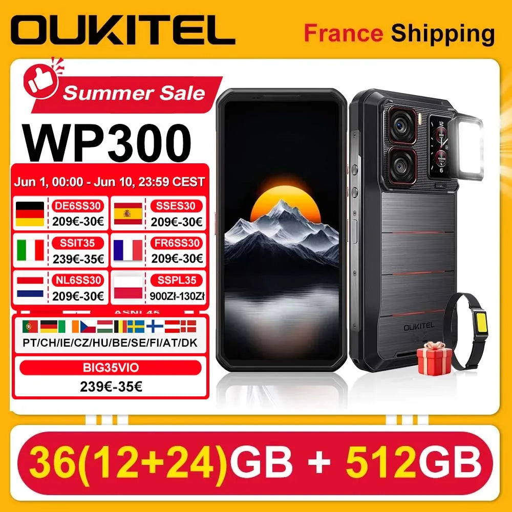 Smartphone OUKITEL WP300 36(12 + 24)GB 512GB Android 15 6,8" FHD+ 120Hz 5G 108MP 16000mAh 45W, luz de camping, teléfonos, relojes inteligentes