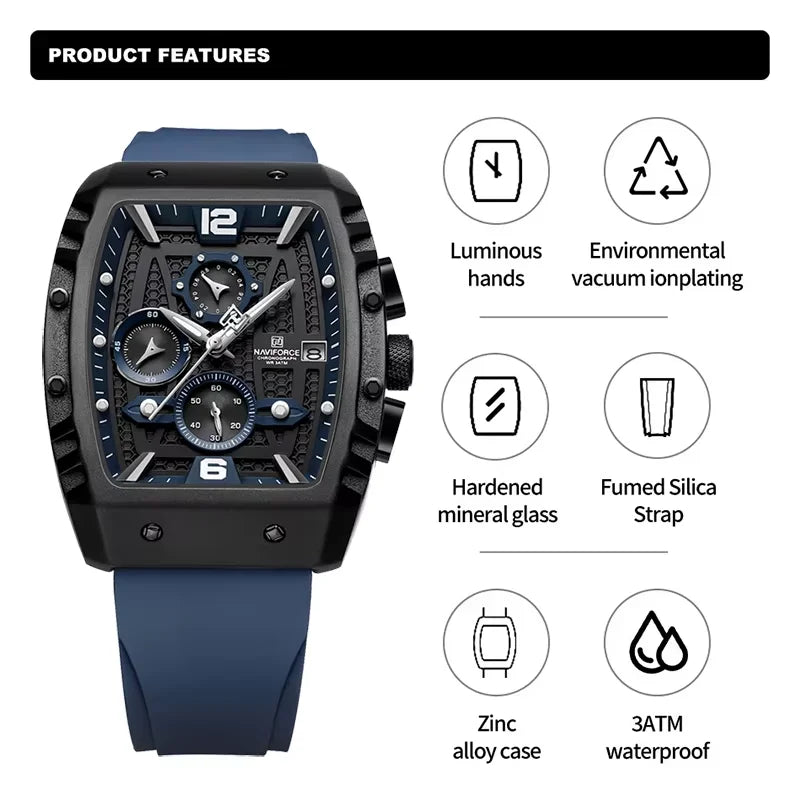 Reloj de cuarzo multifunción NAVIFORCE para hombre, deportivo, resistente al agua, con correa de silicona, calendario y cronógrafo, modelo NF8025