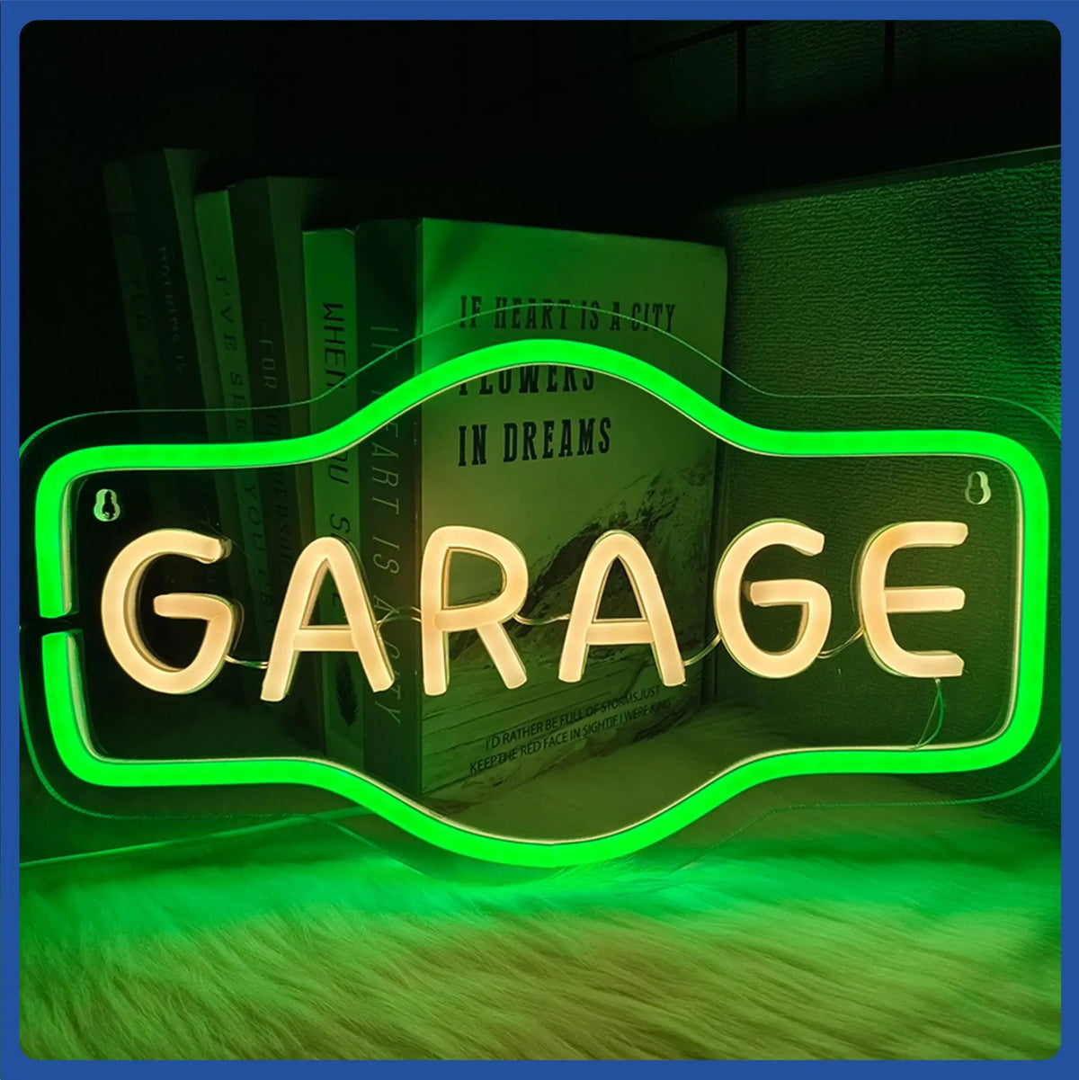 Señal de neón LED para pared 'GARAGE' con luz verde y borde rectangular