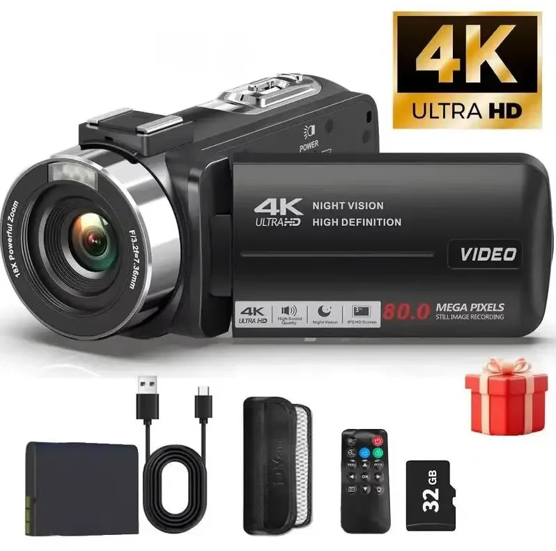 Videocámara 4K Ultra HD, Cámara Digital de 80MP, Cámara para Vlogging para YouTube, Pantalla IPS de 3.0" y 270° °   Cámara DV portátil con visión nocturna IR y pantalla