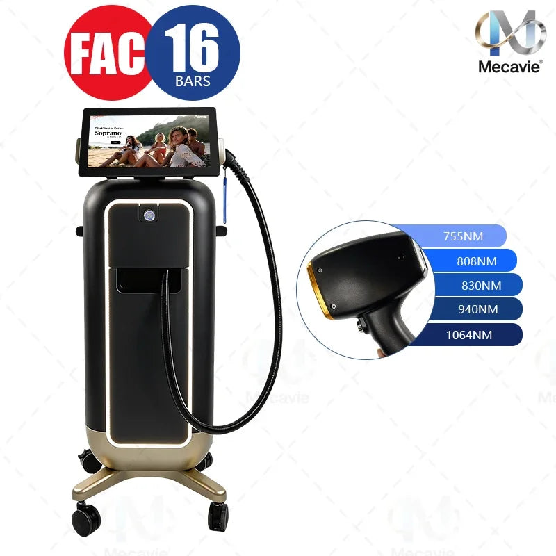 Máquina profesional de depilación láser con diodo de 6 longitudes de onda, sistema de colimación de eje rápido, sistema de enfriamiento por puntos de hielo y para el cuidado de la piel en salones de belleza.