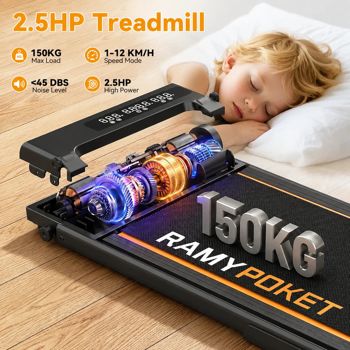 Caminadora plegable Ramypoket con inclinación del 15 %, velocidad máxima de 12 km/h, control mediante aplicación y pantalla LED, caminadora para oficina con capacidad máxima de carga de 150 kg.