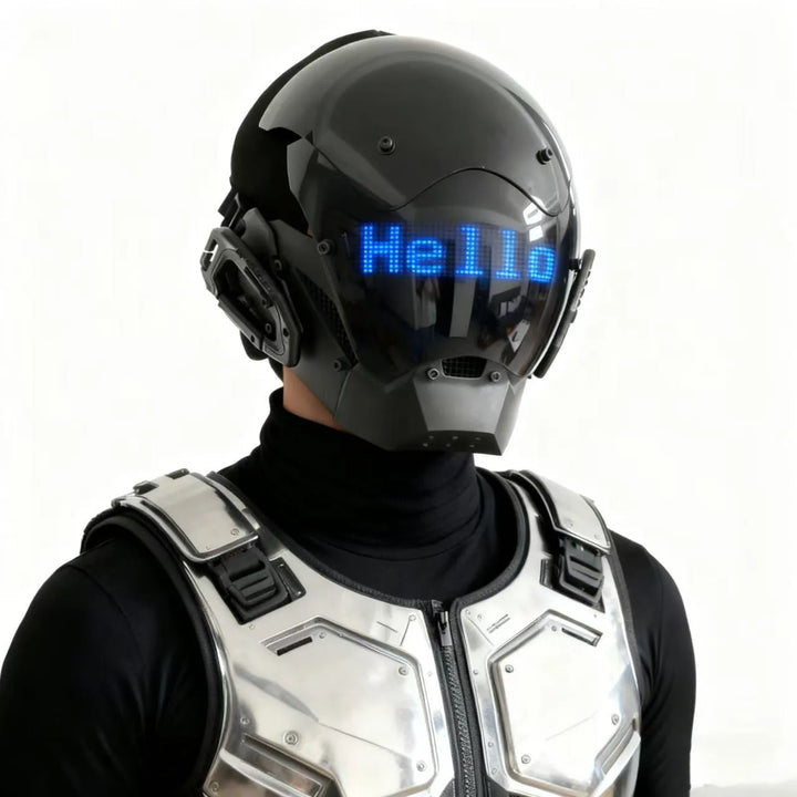 Máscara de casco LED de estilo cyberpunk con pantalla integrada, controlable mediante aplicación, diseño tecnológico de cobertura total para Halloween, fiestas de disfraces, festivales de música.