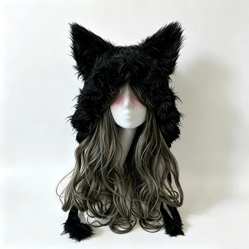 Gorro de Orejas de Zorro Verde Musgo Hecho a Mano Personalizado para Mujer, Gorro de Punto Floral de Felpa, Gorro de Invierno Cálido Estilo Goblincore para Hombre