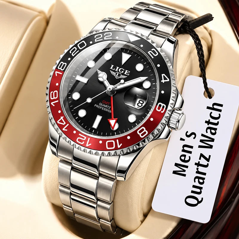LIGE Nuevos relojes de cuarzo GMT para hombre, marca de lujo, reloj de buceo de moda, cronógrafo deportivo informal resistente al agua, Montre Homme