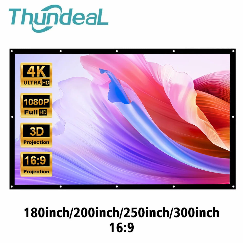 Pantalla de proyección con lona blanca y formato 16:9; 4K, 1080p y 3D