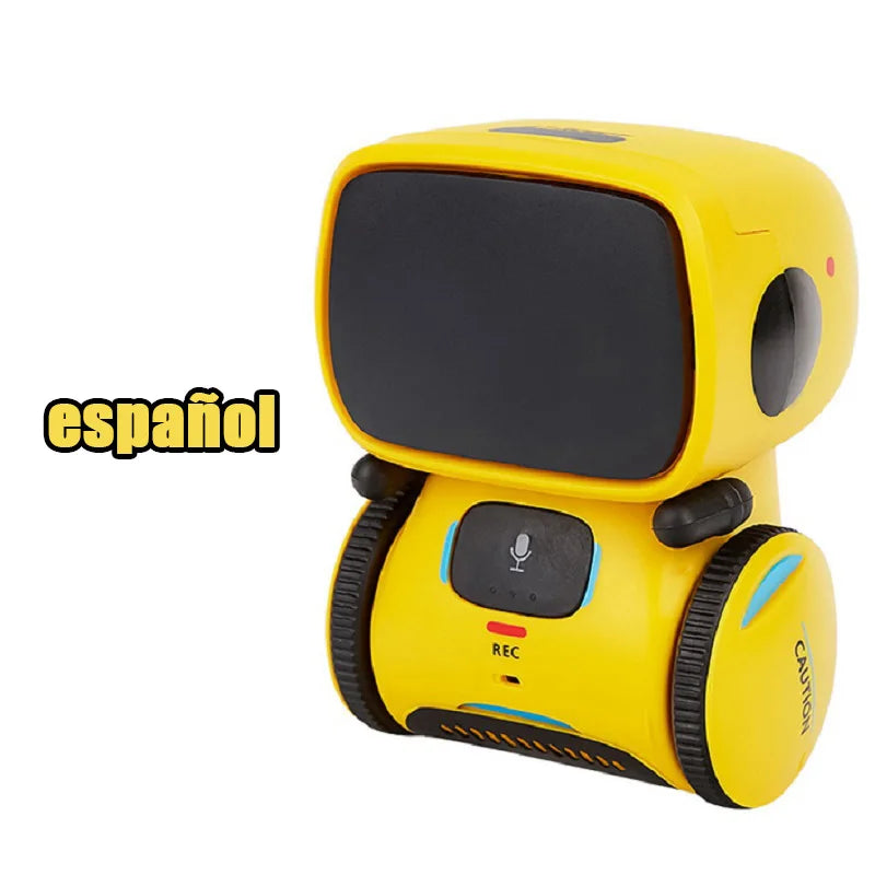 Robot educativo amarillo con pantalla negra frontal y base con altavoces