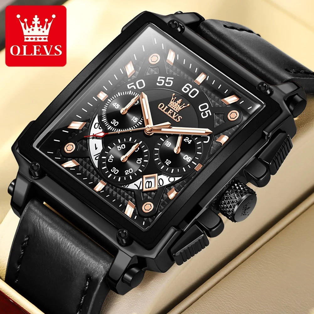 Reloj de cuarzo cuadrado para hombre OLEVS, reloj de negocios multifuncional, resistente al agua, luminoso, con correa de piel, caja de regalo 9919