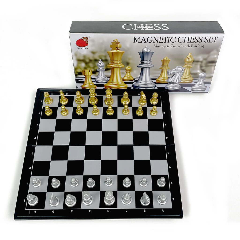 Juego de ajedrez magnético plegable, set de ajedrez dorado y plateado, juego de mesa portátil de plástico para viajes y competición con tablero