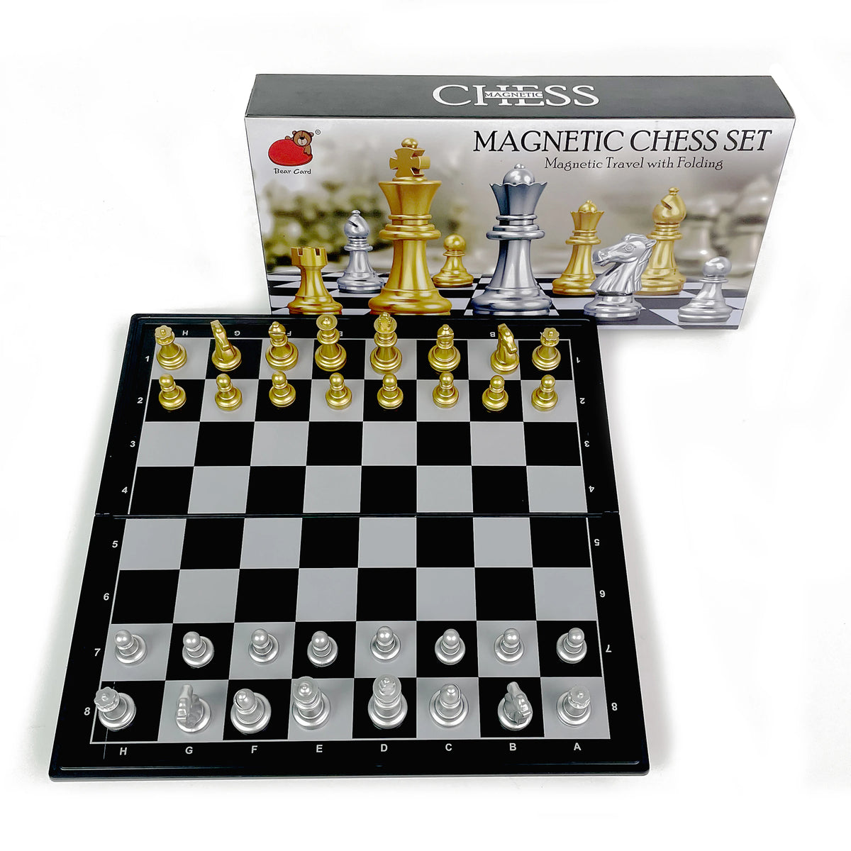 Juego de ajedrez magnético plegable, set de ajedrez dorado y plateado, juego de mesa portátil de plástico para viajes y competición con tablero