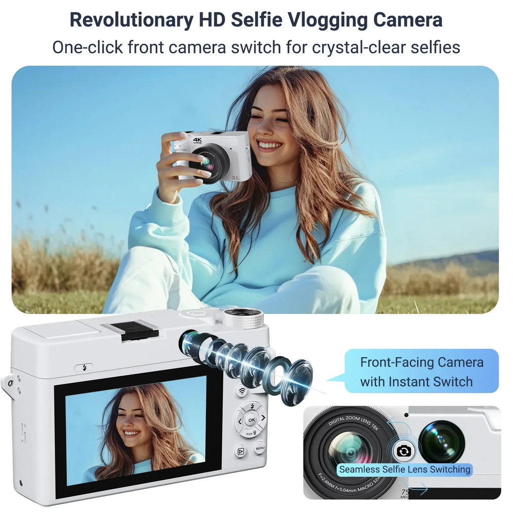 Videocámara Digital 4K HD, cámaras duales, 75MP, Zoom 18X, pantalla de 3,0 pulgadas, enfoque automático AF, antivibración con linterna para fotografía