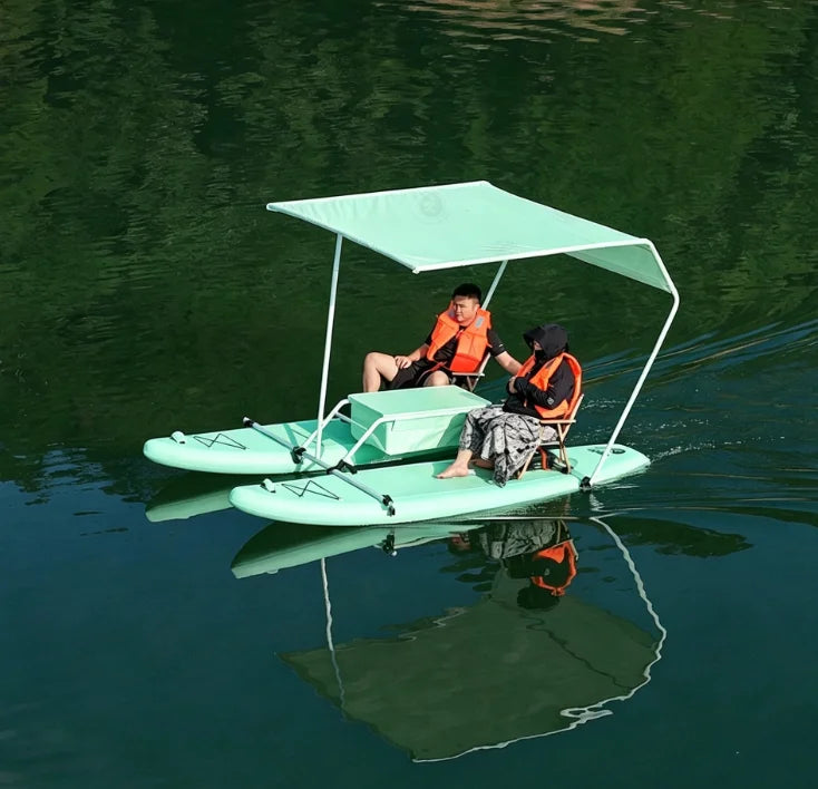 Bote Inflable Personalizable Canopy Cat - Catamarán con Remos y Toldo, Motor Eléctrico Listo para Aventuras Acuáticas