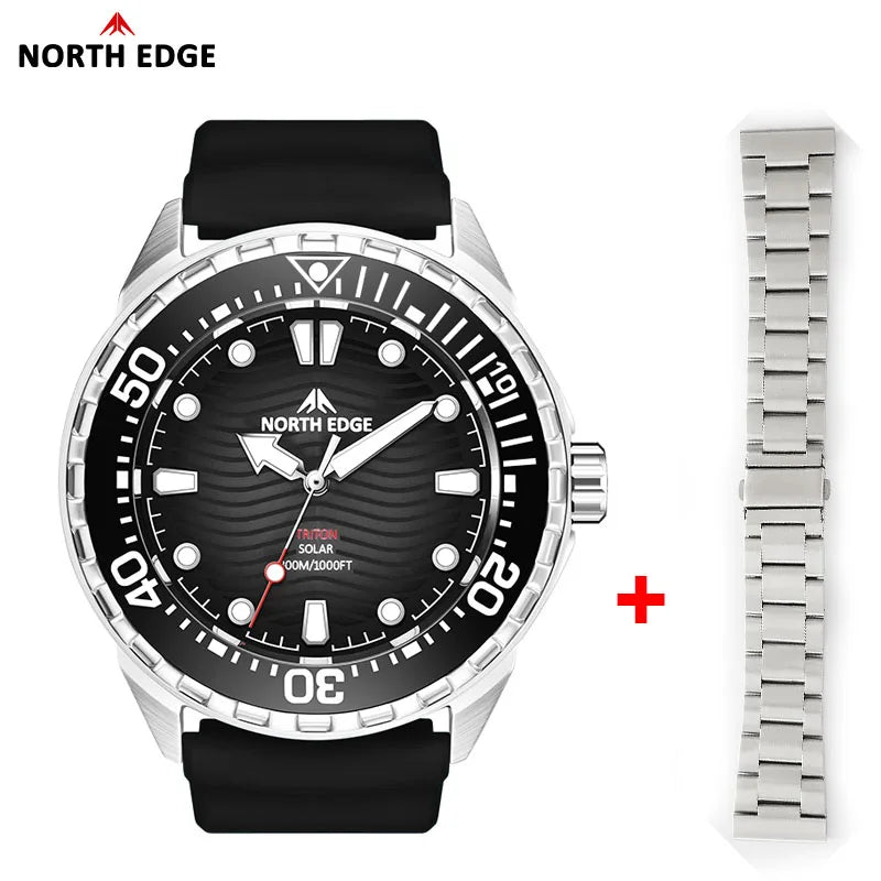 Reloj de buceo solar NORTH EDGE TRITON para hombre, reloj deportivo de buceo profesional de lujo con cuarzo, acero inoxidable 316L y sumergible a 300 m