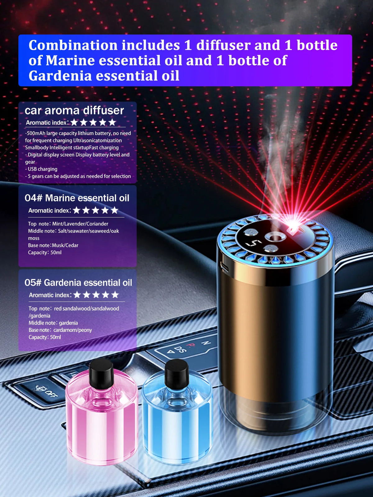 Difusor de aroma de coche recargable, aceite esencial aromático, luces coloridas, luces románticas de cielo estrellado, regalo de dormitorio