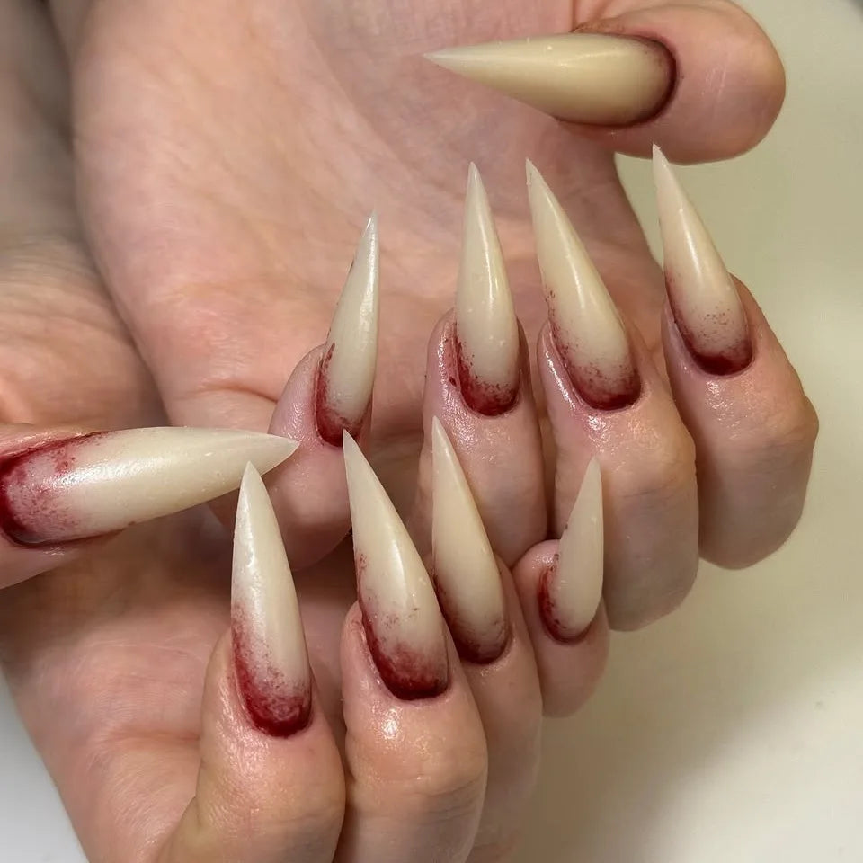 24 Uds uñas postizas de color rojo sangre gradiente parche de uñas postizas de punta larga cubierta completa puntas de uñas postizas usables juegos de manicura de Halloween