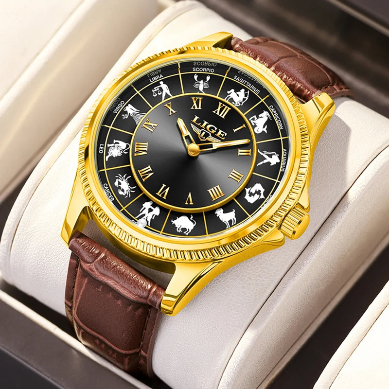 LIGE Zodiac Men Watch Top Brand Luxury Leather Roman Numeral Quartz Watch Men Fashion Business Luminous Wristwatch Gift for Men