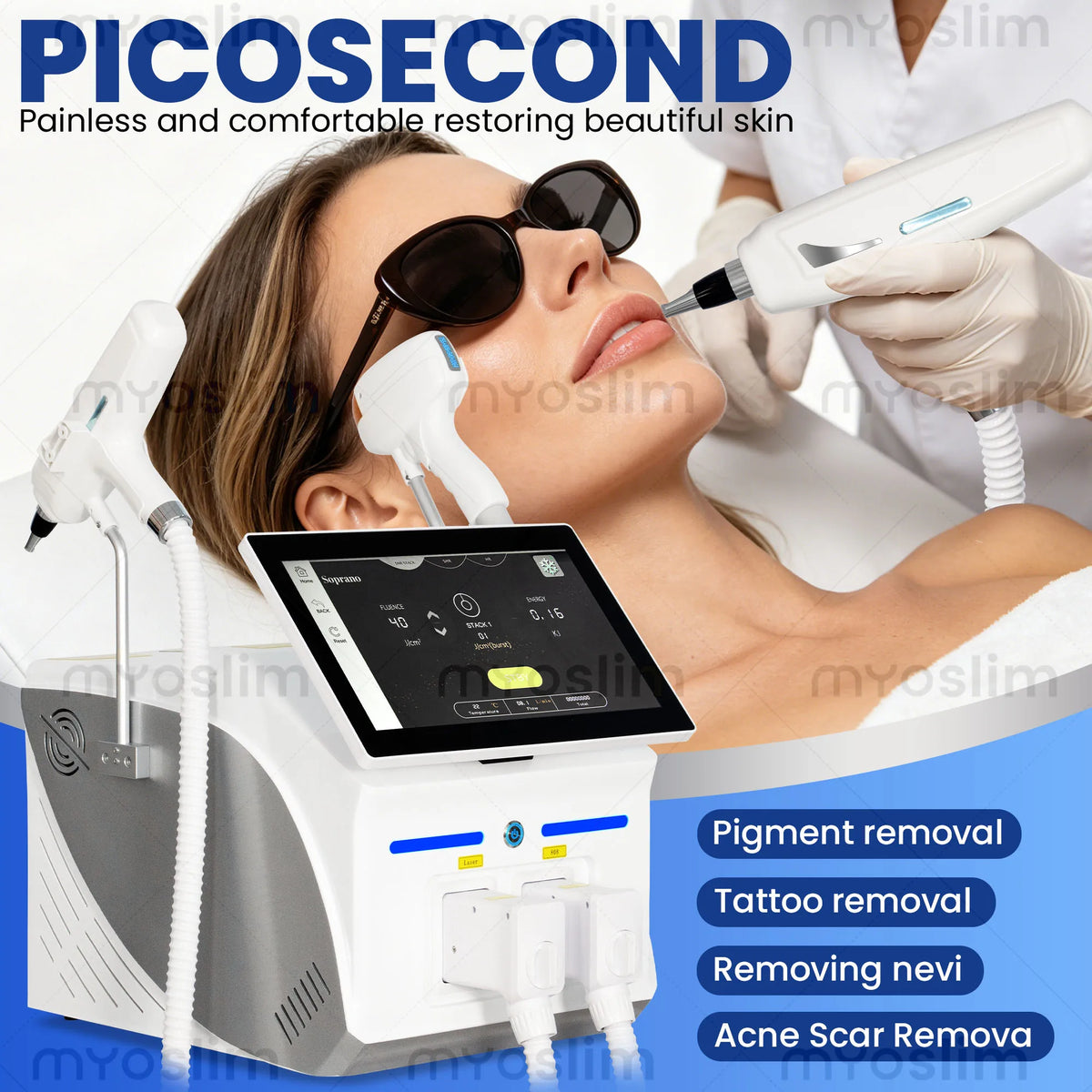 Máquina de Depilación Láser de Diodo 808 2 en 1 FAC Myoslim 10Bars, Máquina de Eliminación de Tatuajes de Picosegundos, Rejuvenecimiento de la Piel con 4 Longitudes de Onda