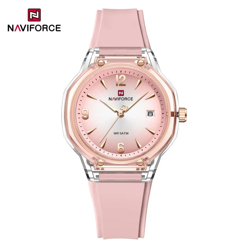 Reloj de moda para mujer NAVIFORCE resistente al agua con pantalla de manecillas luminosas, correa de silicona elegante y brillo nocturno