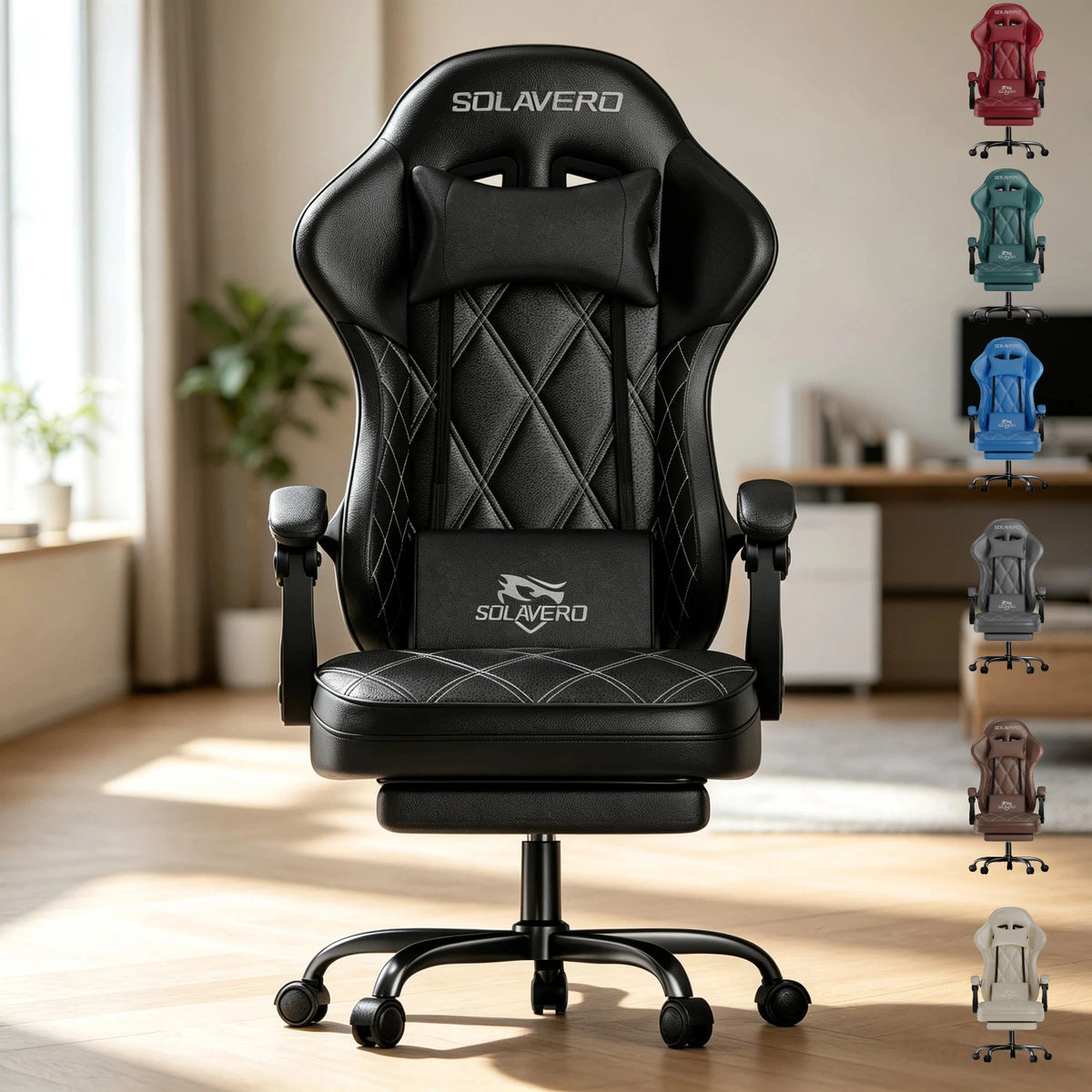 Silla de gaming negra con reposacabezas, acolchado rombos, reposabrazos y base con ruedas
