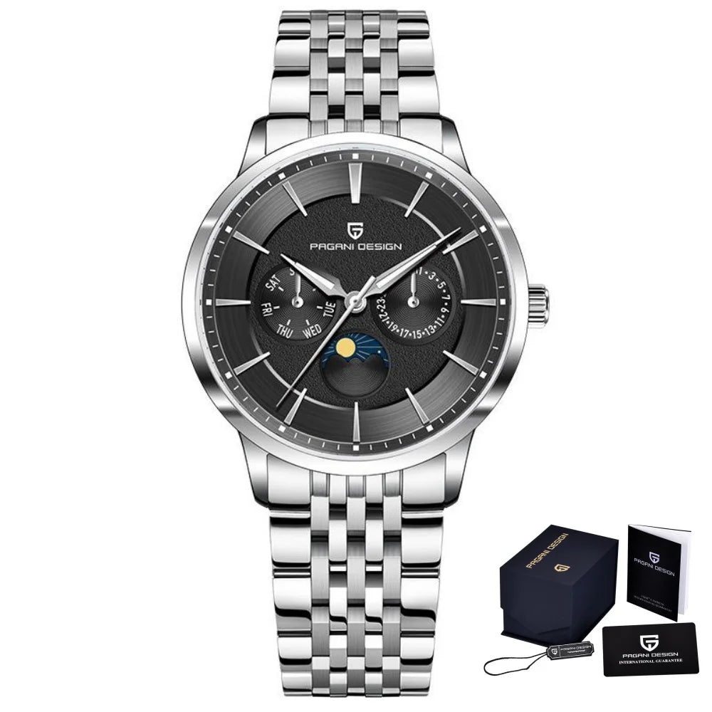 PAGANI DESIGN Brand 1795 Fashion Men Multi Functional Watch Moon Phase Date Stainless Steel Strap Week Sapphire Watches for Man