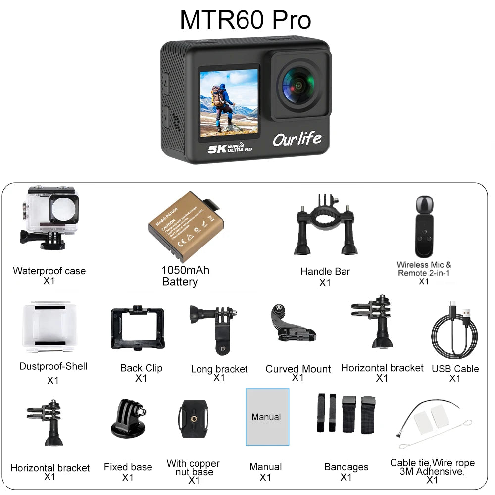 Cámara de acción Ourlife MTR60 Pro 5K 2.0'' Pantalla táctil 170 °   Cámara deportiva WiFi con zoom 5X resistente al agua 30M con control remoto 2 en 1
