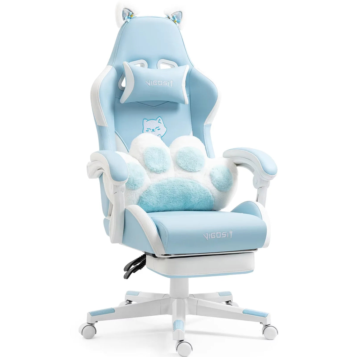 Silla de gaming ergonómica celeste con orejas y cojín esponjoso blanco