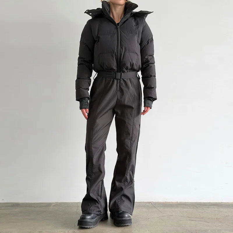Traje de esquí de una pieza para mujer con capucha, cinturón, corte acampanado, puños elásticos, bolsillos con cremallera, resistente al agua, ropa de nieve.