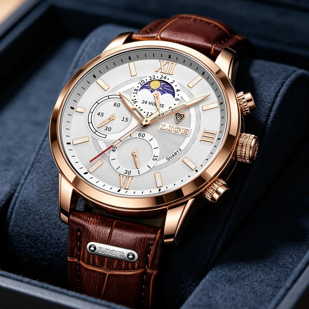 Relojes de moda para hombre LIGE, marca de lujo, reloj de cuarzo informal con correa de piel, reloj deportivo impermeable para hombre, Relogios Masculino + caja