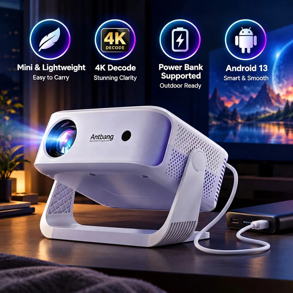 Mini proyector portátil inteligente, 1500 ANSI, decodificación 4K, Android 13, corrección automática de distorsión trapezoidal, Wifi 6 y BT5.0, compatible con Power Bank PD tipo C