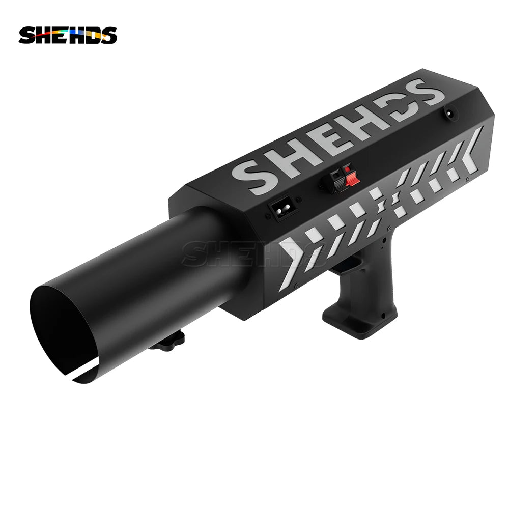 Máquina de Confeti RGB SHEHDS IP20 con Cuerpo de Aleación de Aluminio, Recargable, de un Solo Orificio, con Efectos de Iluminación LED para Actuaciones en Escenario