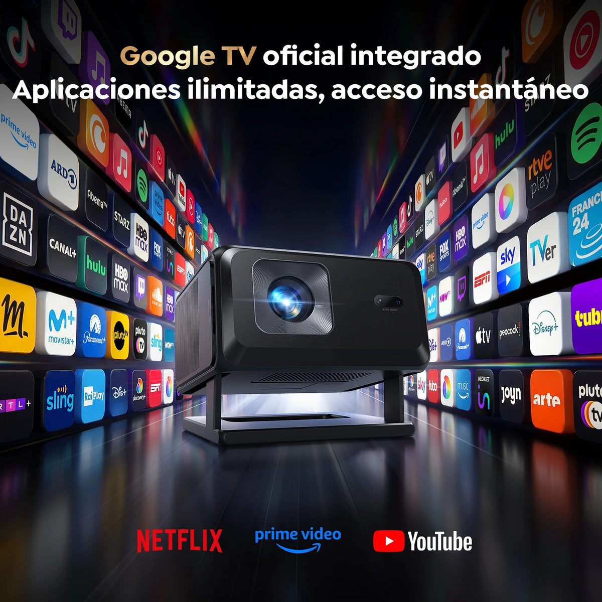 Proyector Toptro 4K Full HD 1080P con Wi-Fi 6, enfoque automático, portátil, compatible con Google TV, ideal para un cine en casa inteligente y para uso en exteriores.