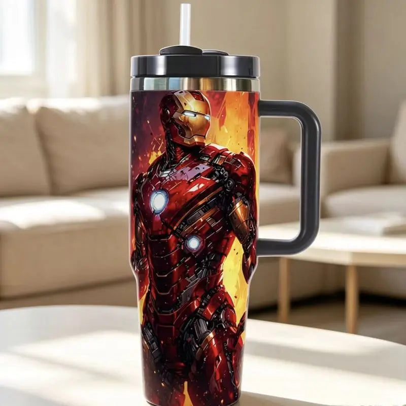 Vaso Térmico de Acero Inoxidable de 40 Onzas con Diseño de Iron Man, Taza de Viaje con Asa y Pajita para Uso Diario