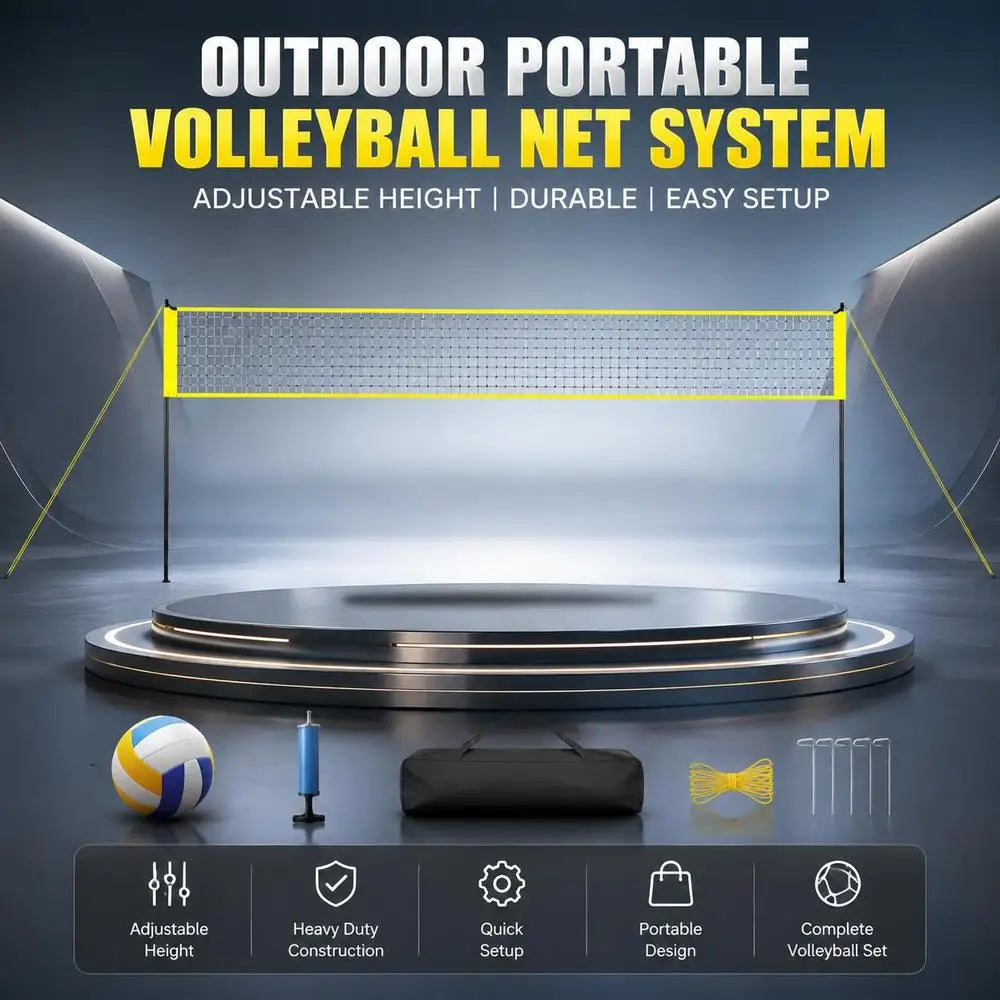 Set de voleibol portátil con postes de acero ajustables, red de polietileno, balón y bolsa de transporte, ideal para jugar al aire libre en la playa o en el jardín.