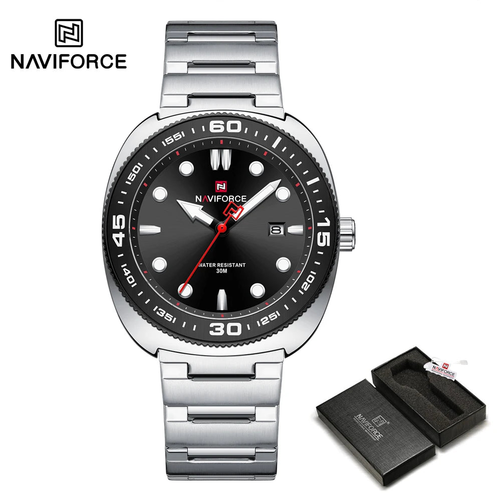 Reloj para hombre NAVIFORCE de lujo, estilo ejecutivo, con fechador, manecillas luminosas, correa de acero inoxidable, movimiento de cuarzo, reloj de marca a la moda