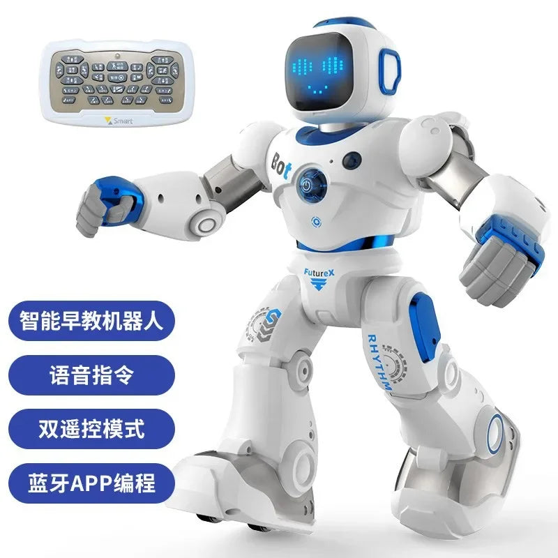 Robot educativo blanco y azul con control remoto y luces LED en la cabeza