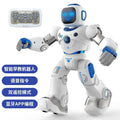 Robot educativo blanco y azul con control remoto y luces LED en la cabeza