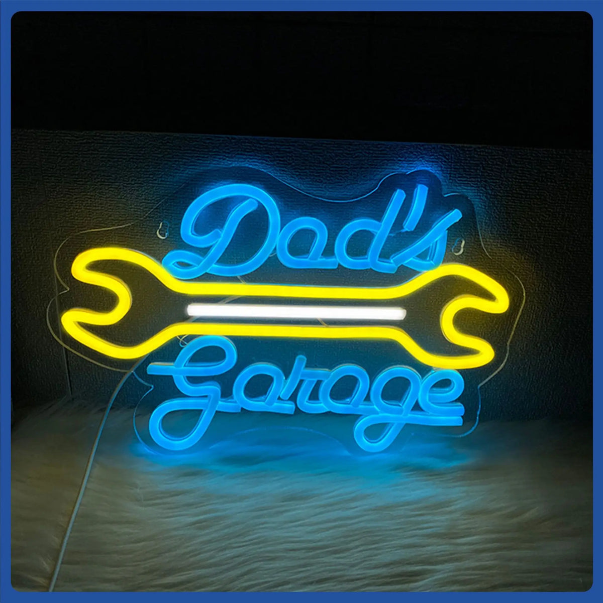 Letrero de neón LED azul y amarillo «Dad's Garage» para pared, con cable USB