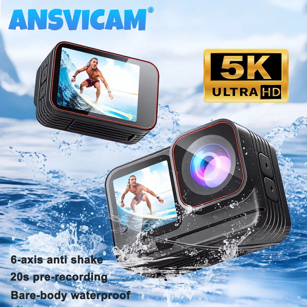 Cámara de Acción Sumergible ANSVICAM 5K, Pantalla Táctil Dual 4K60fps, Antivibración de 6 Ejes, 170° °   Cámaras Deportivas WiFi de Gran Angular