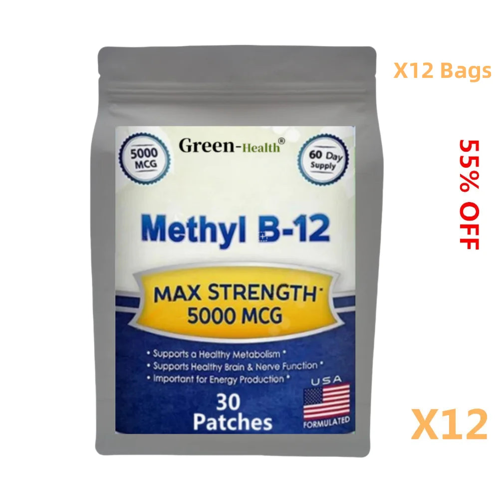 Parches A5YE de vitamina B12 5000 MCG, soporte para el cerebro y el corazón, refuerzo de aprendizaje de memoria, potenciador de energía natural, 30 parches
