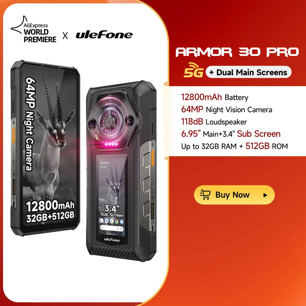 Ulefone Armor 30 Pro 5G Smartphone robusto Android 14 32GB+512GB 12800mAh Cámara nocturna 64MP NFC Altavoz potente