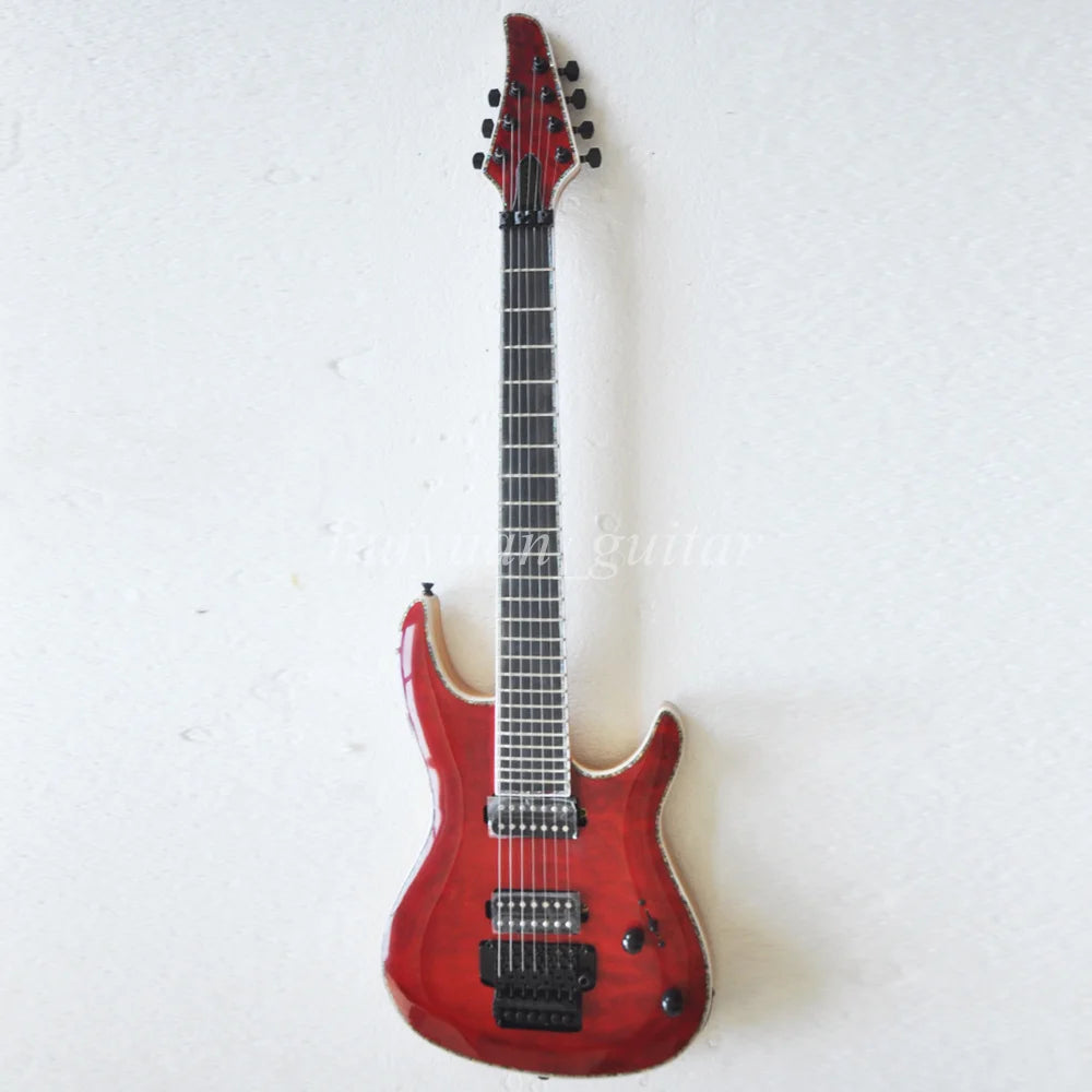 Guitarra Eléctrica Flyoung de 7 Cuerdas, Roja, con Mástil a Través del Cuerpo, Estilo Floyd, con Diapasón de Palisandro, 24 Trastes