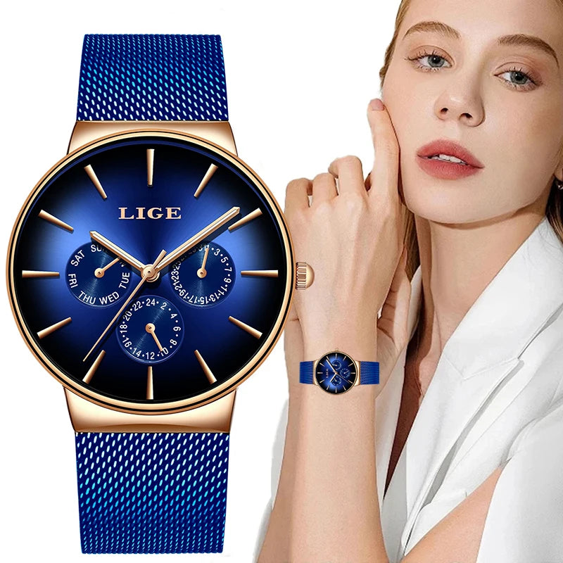 Nuevo reloj de moda para mujer LIGE elegante, lujoso, sencillo, ultrafino, con correa de malla de acero, de cuarzo, resistente al agua y con calendario casual.