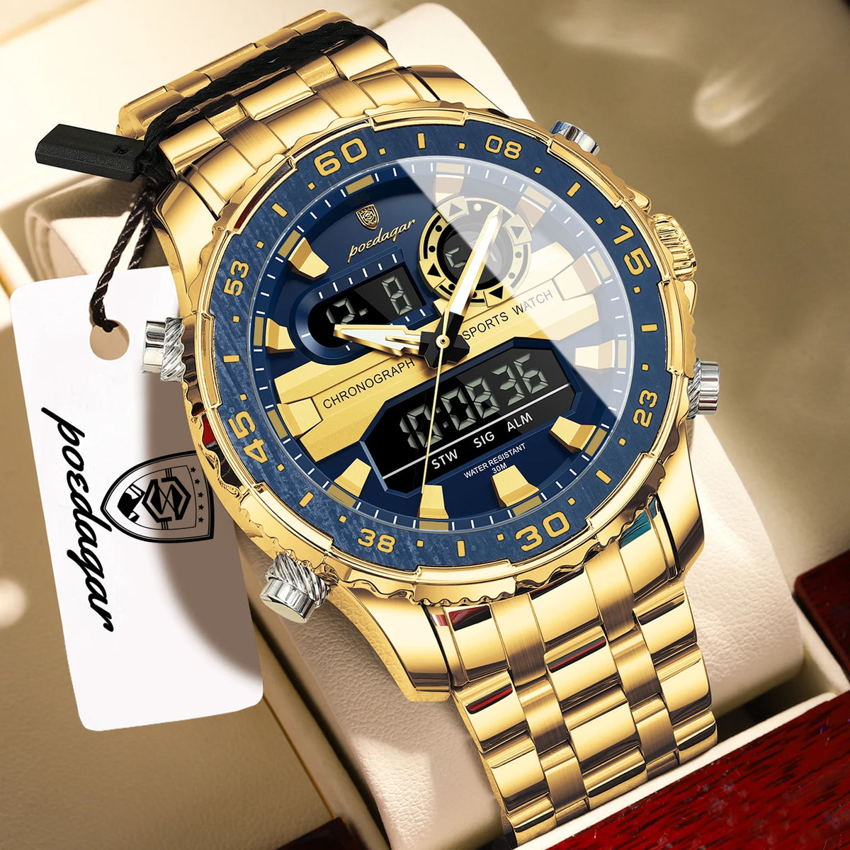 Reloj de cuarzo para hombre POEDAGAR, con fecha y día, pantalla LED electrónica, luminoso, estilo juvenil, con doble hora, reloj deportivo digital para hombre