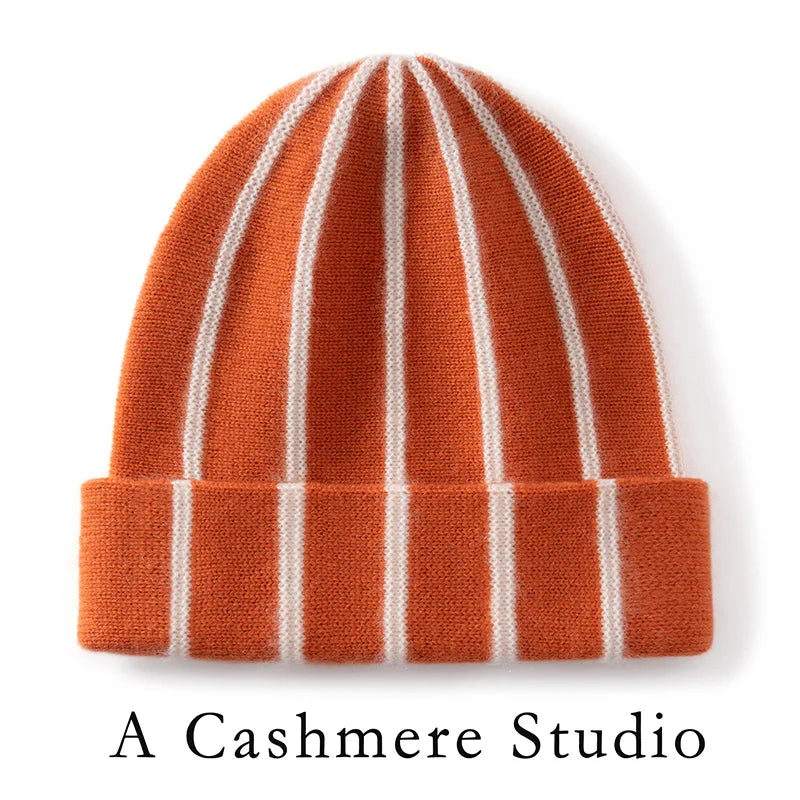 Gorro de cachemira de calidad para mujer/hombre, de doble capa, grueso y cálido para invierno, unisex, para esquiar al aire libre, gorro de punto con diseño patchwork y borde doblado.