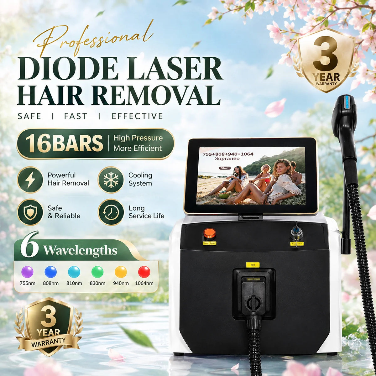 Máquina de diodo FAC profesional de cuatro longitudes de onda 808, de escritorio, en blanco y negro, para la eliminación permanente e indolora del vello y los tatuajes, dispositivo de belleza.