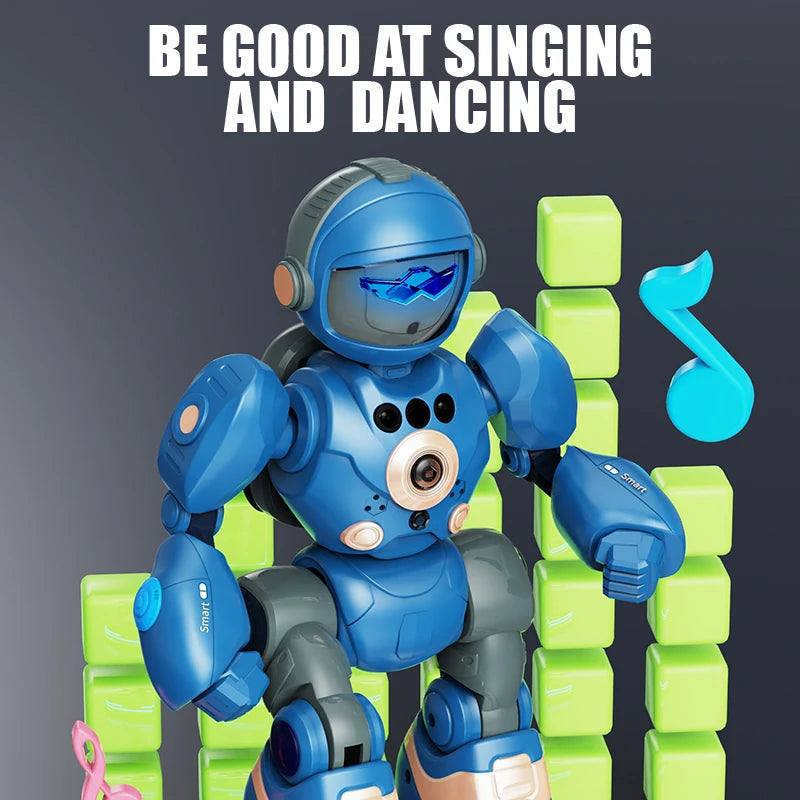Robot azul con visor luminoso y cuerpo articulado, listo para cantar y bailar