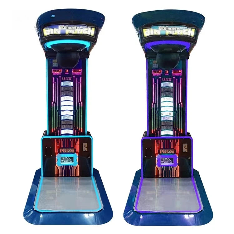 Dos máquinas de arcade de boxeo eléctrica azul con iluminación LED en el panel