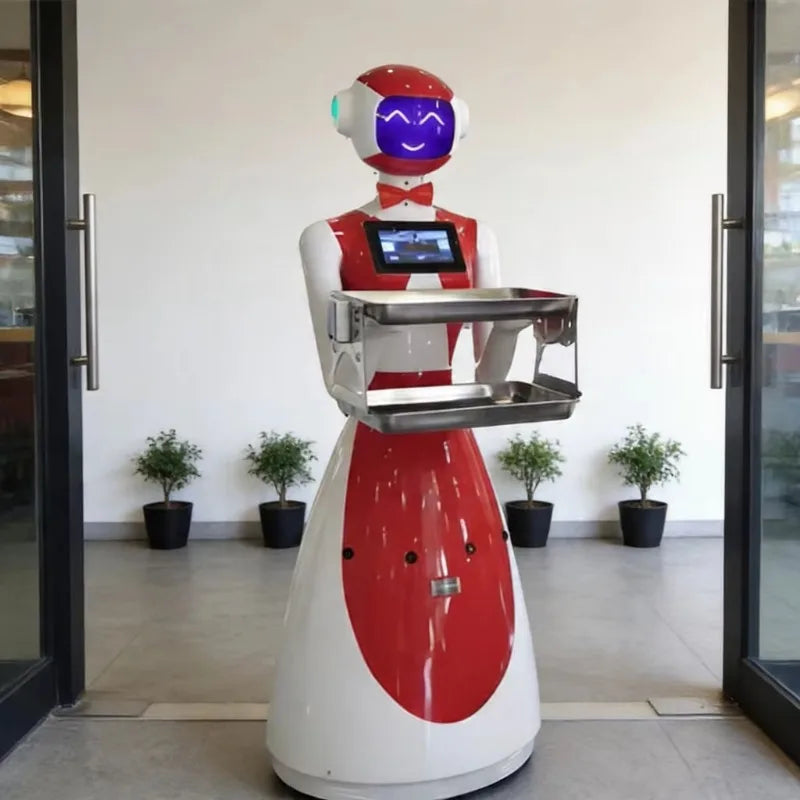 Robot camarero de reparto con bandeja metálica, cuerpo rojo brillante y blanco, pantalla azul